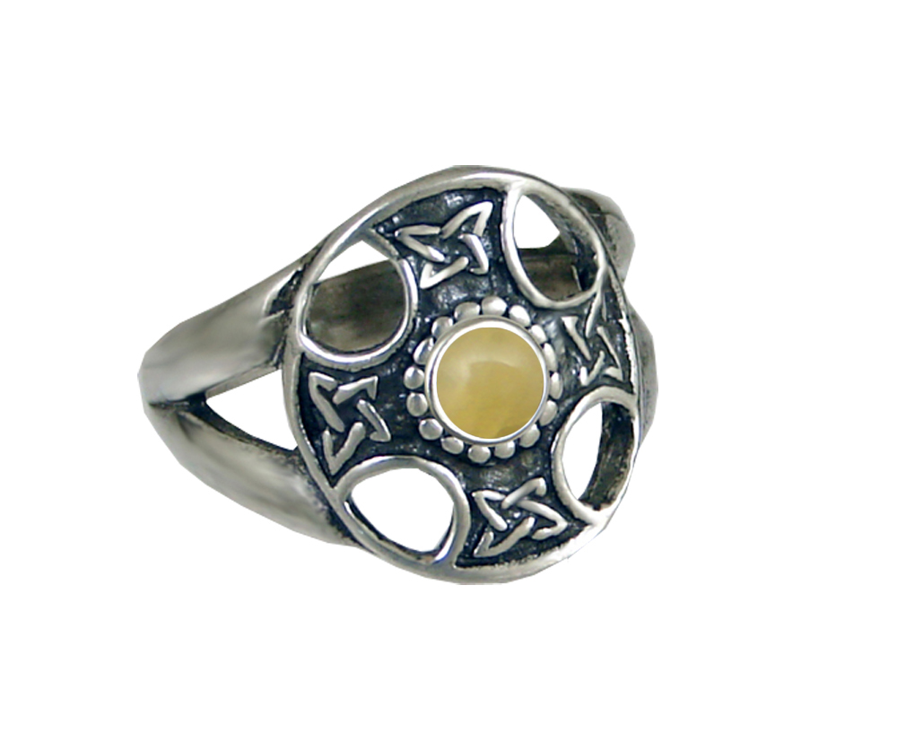 Sterling Silver Celtic Solar Cross Ring With Yellow Jade Size 9